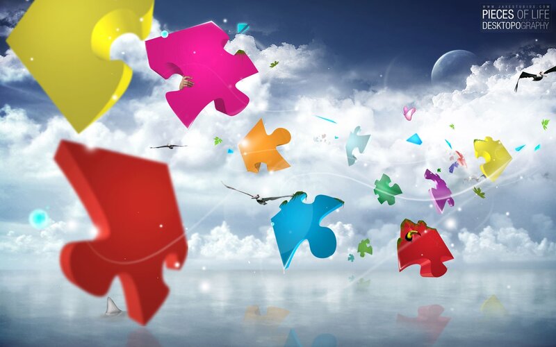 Colorful puzzle pieces in sky
