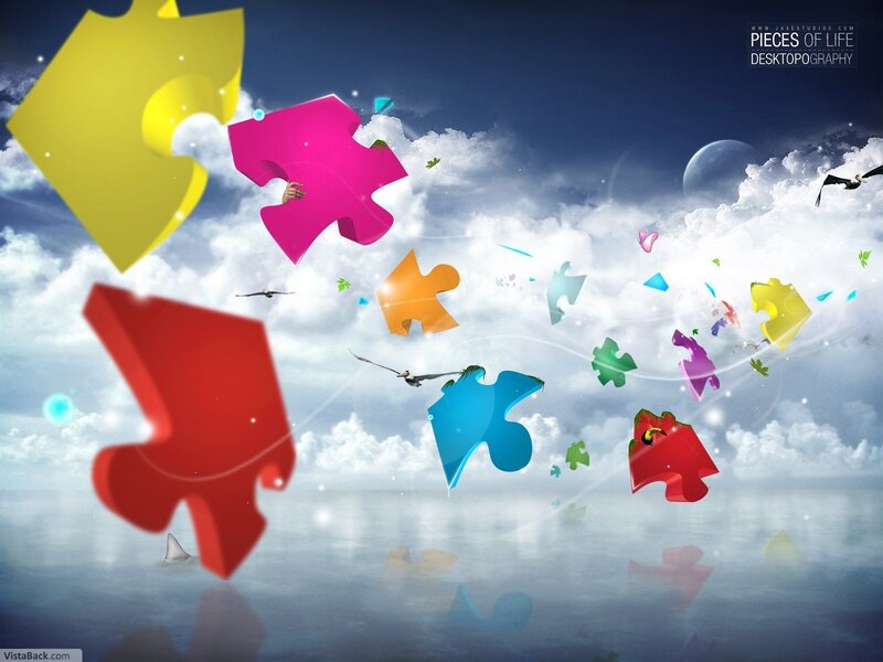 Colorful puzzle pieces in sky