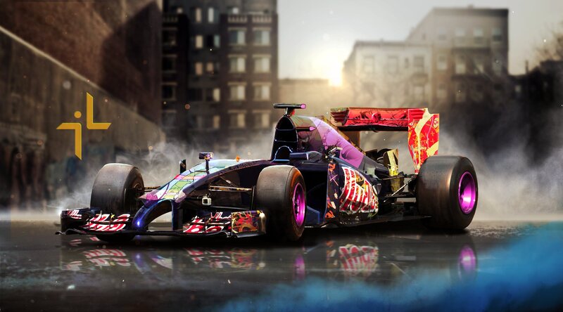 Colorful Race Car — Black, Dramatic, Sunset
