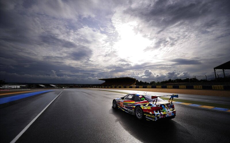 Colorful Race Car on Track — Black, Dramatic