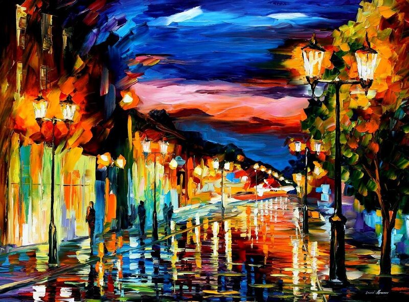 Colorful rainy street at dusk