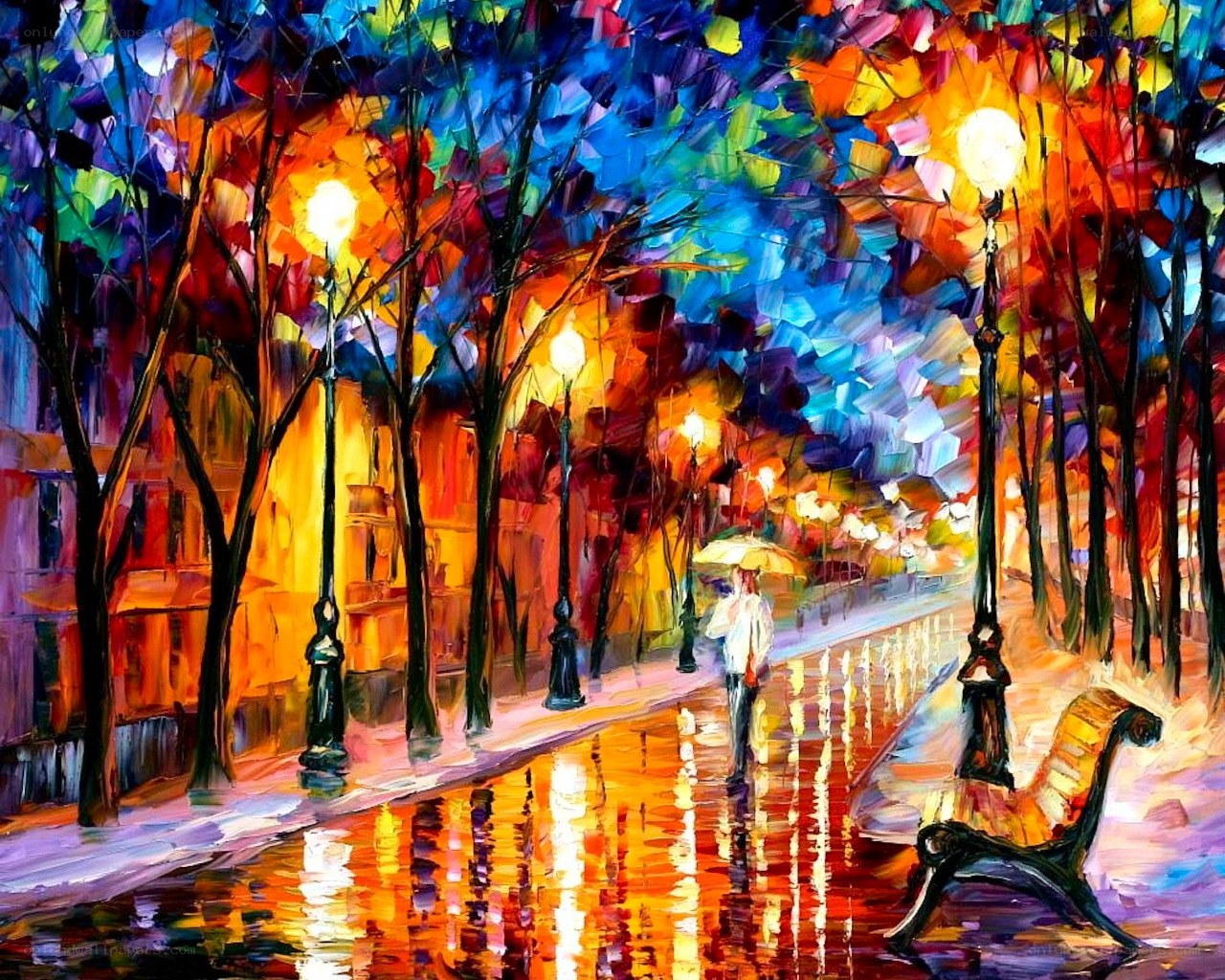 Colorful rainy street scene