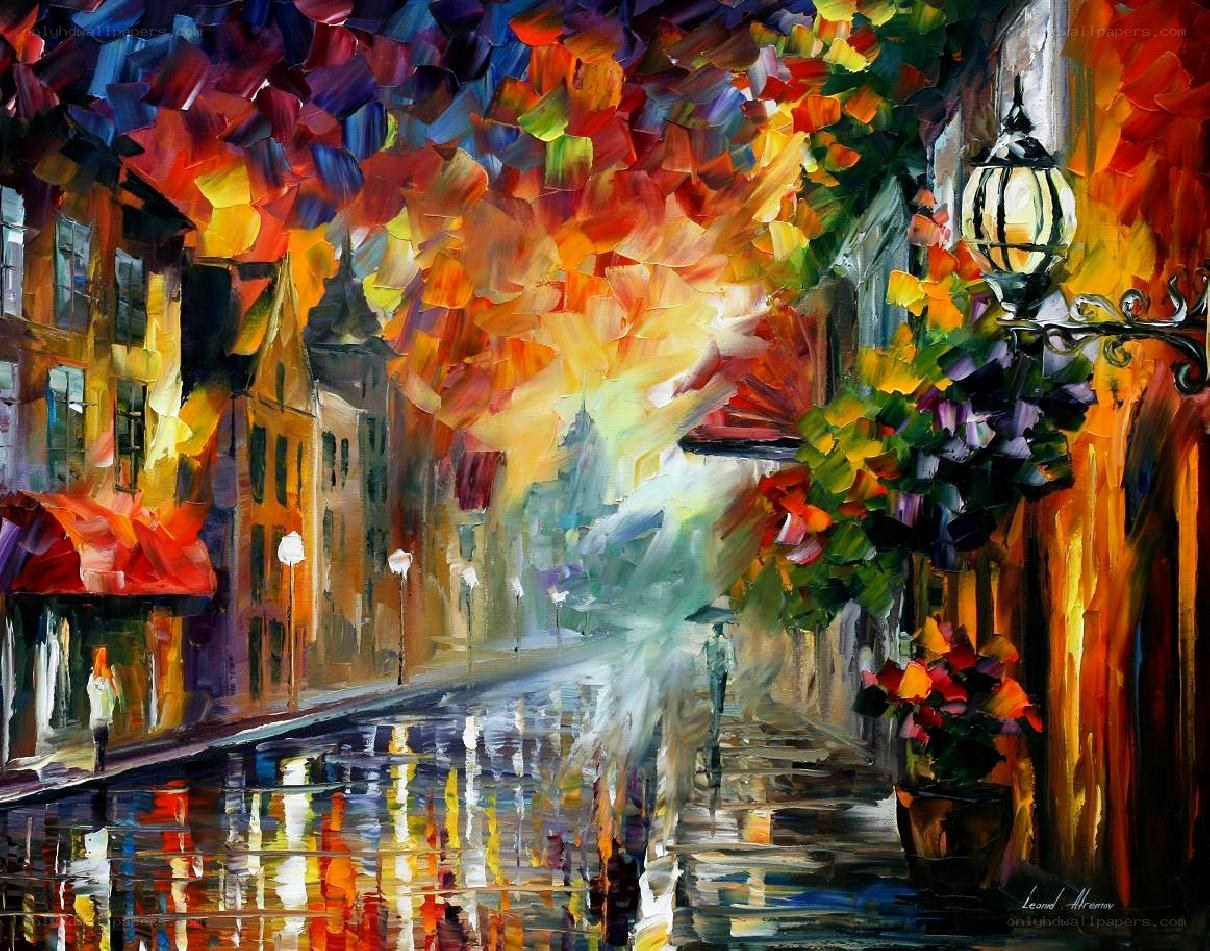Colorful rainy street scene
