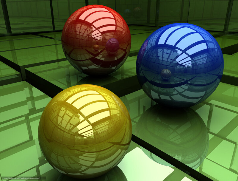 Colorful reflective spheres on green floor