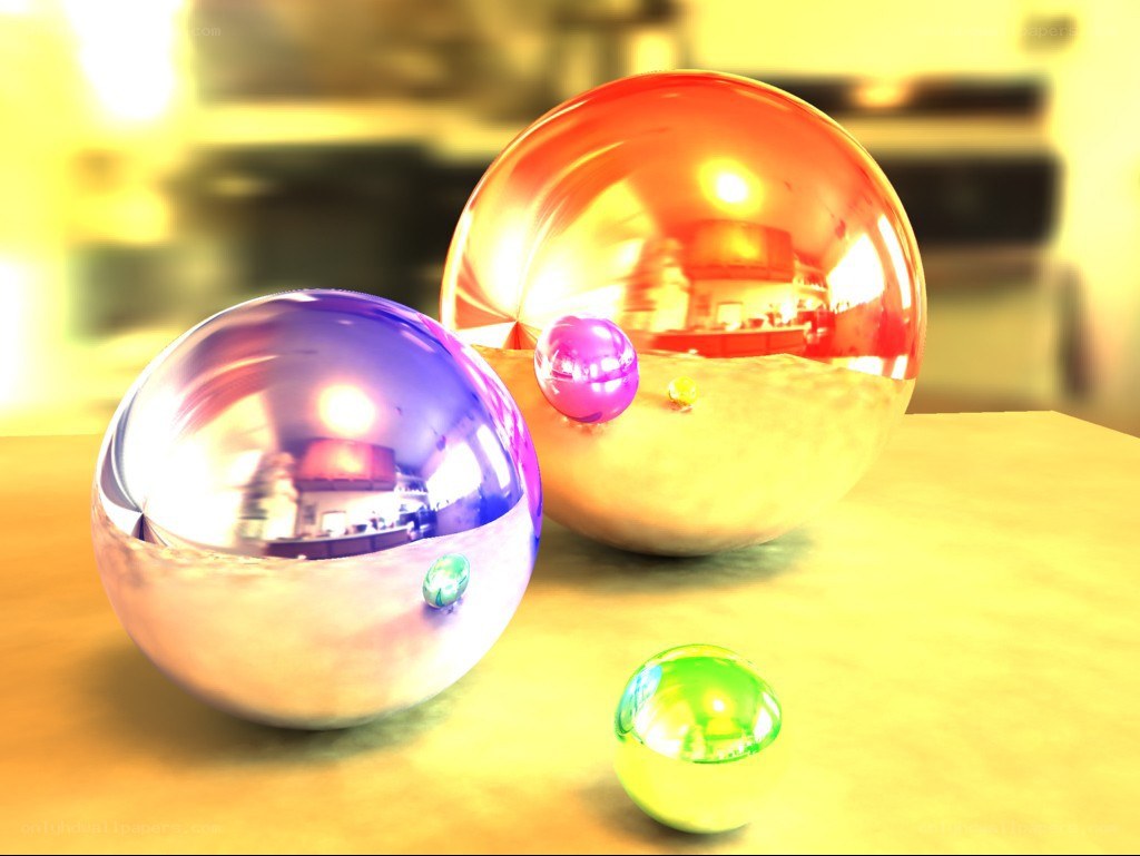 Colorful reflective spheres on table