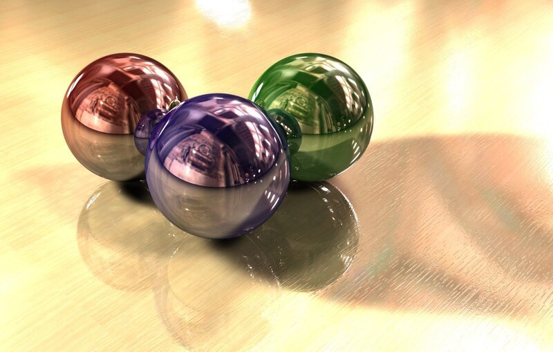 Colorful reflective spheres on wood