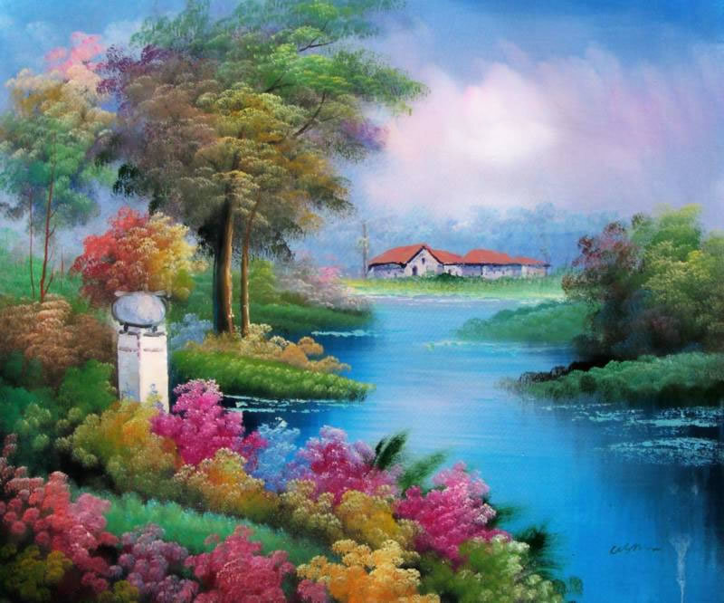 Colorful river landscape painting