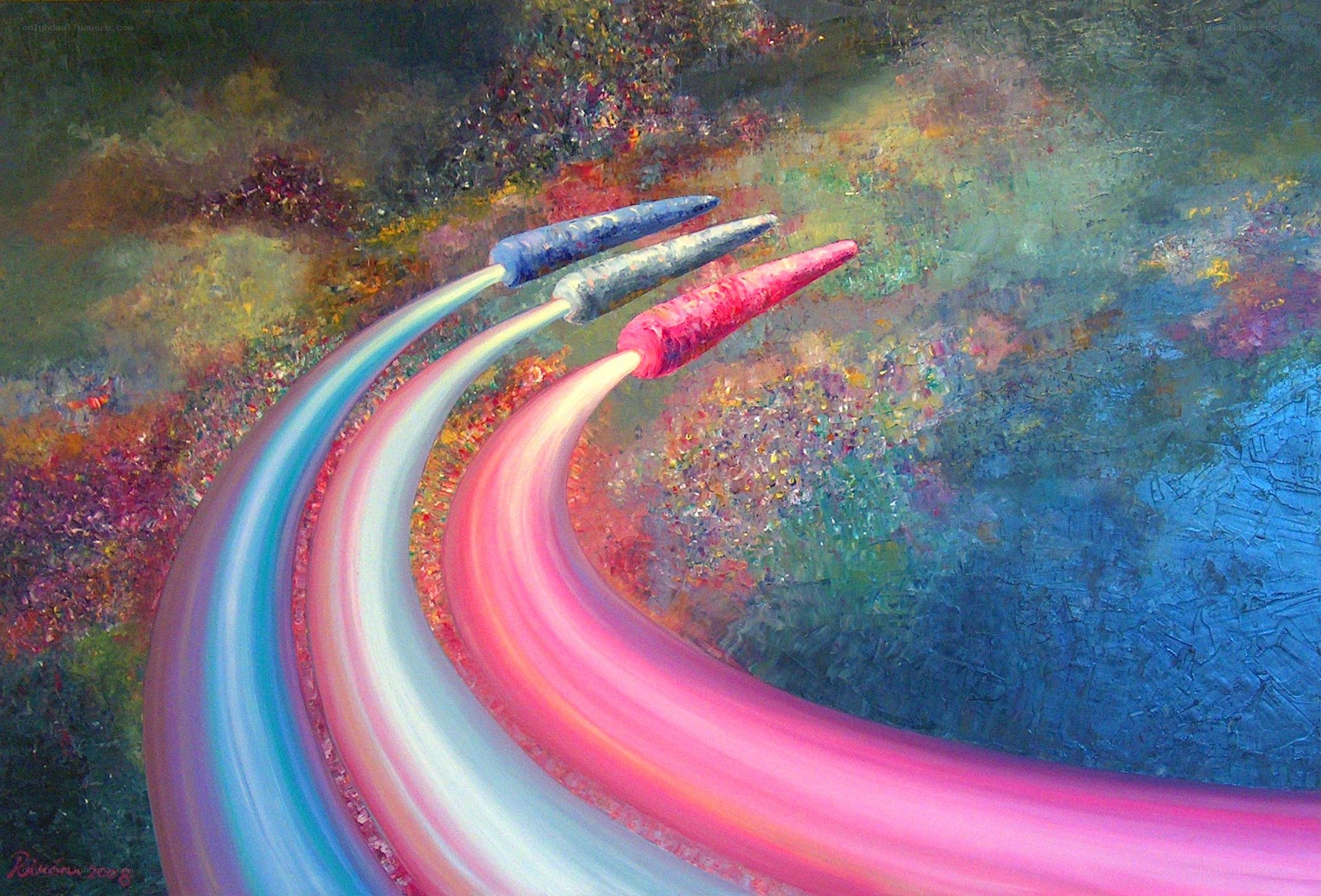 Colorful rocket trails in space