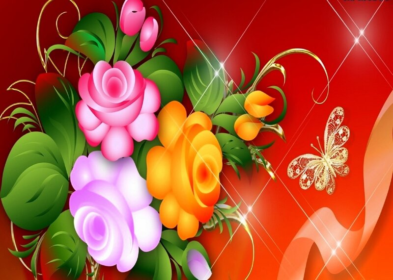 Colorful Roses and Butterfly — Red, Festive