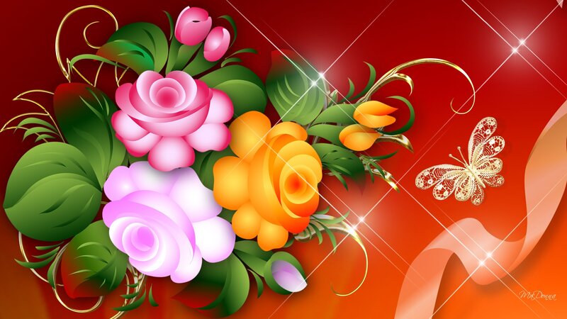Colorful Roses and Butterfly — Red
