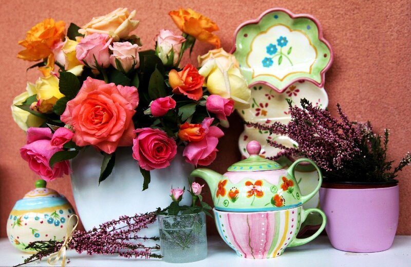 Colorful Roses and Teapot