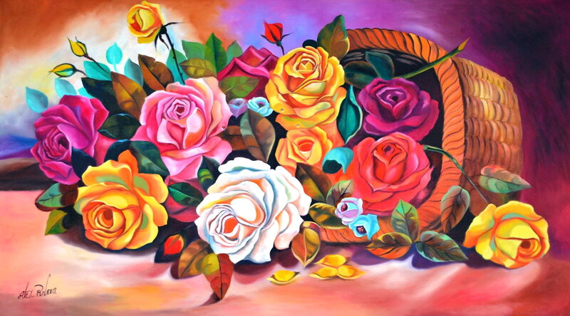 Colorful Roses in Basket — Pink