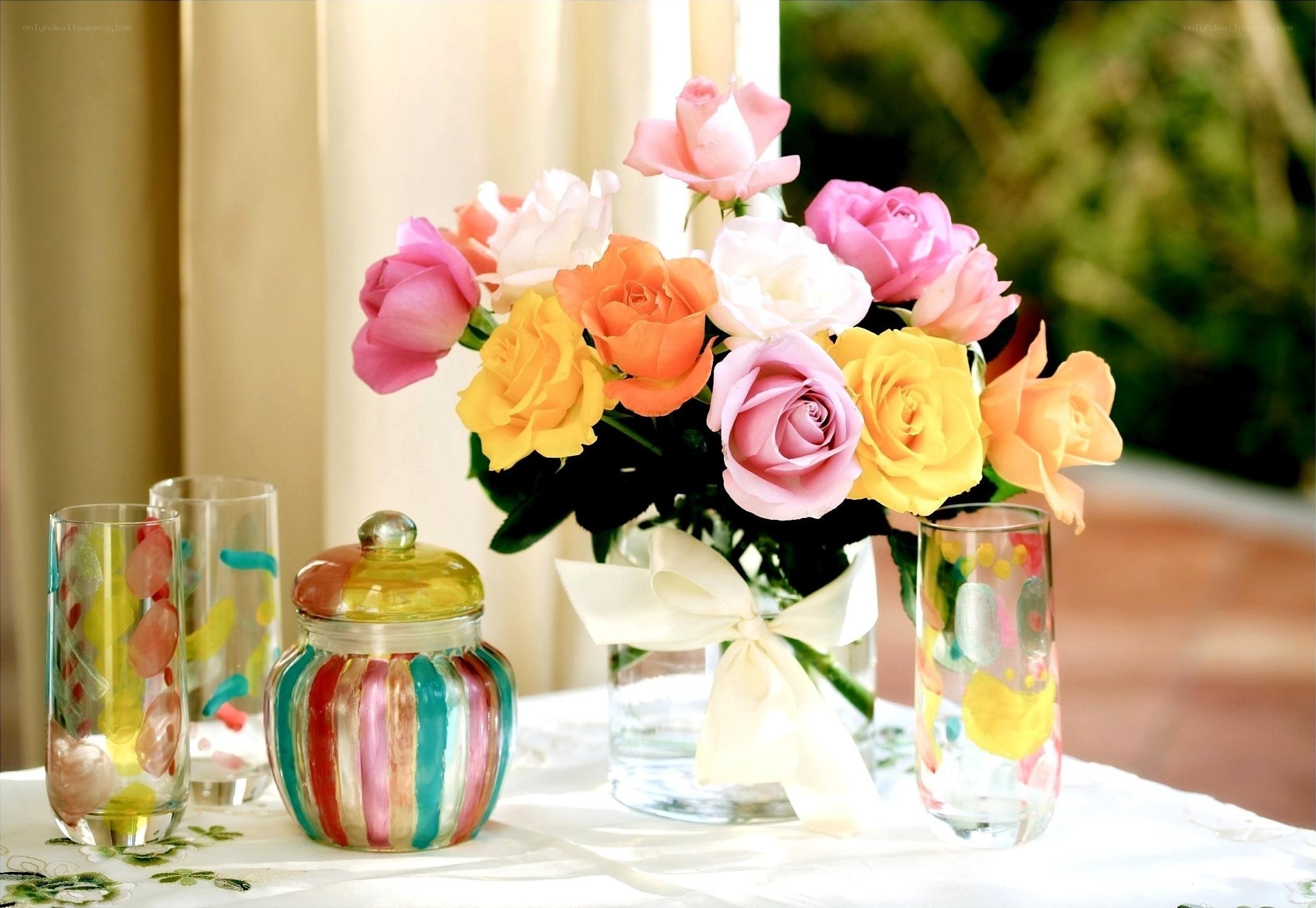 Colorful roses on a table
