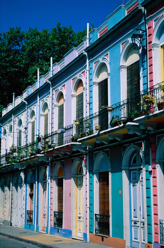 colorful row houses in a city