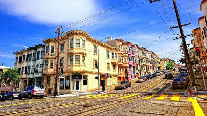 Colorful row houses on a San Francisco street