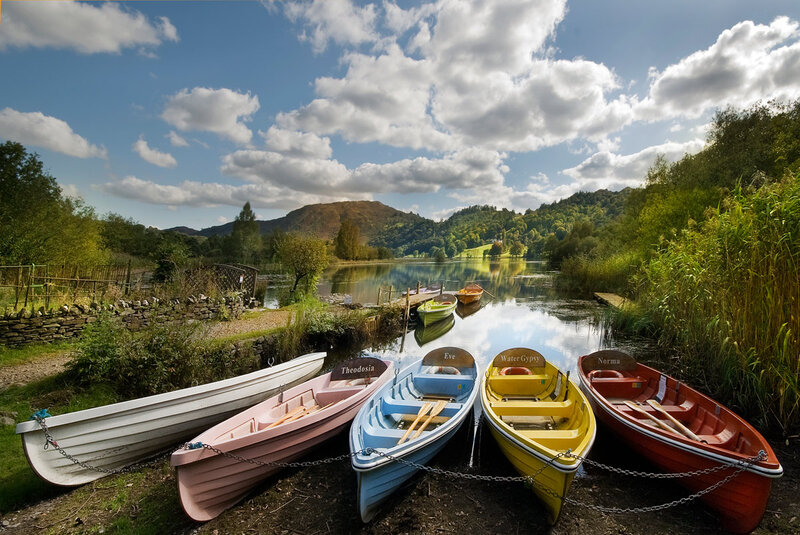 Colorful Rowboats on Shore