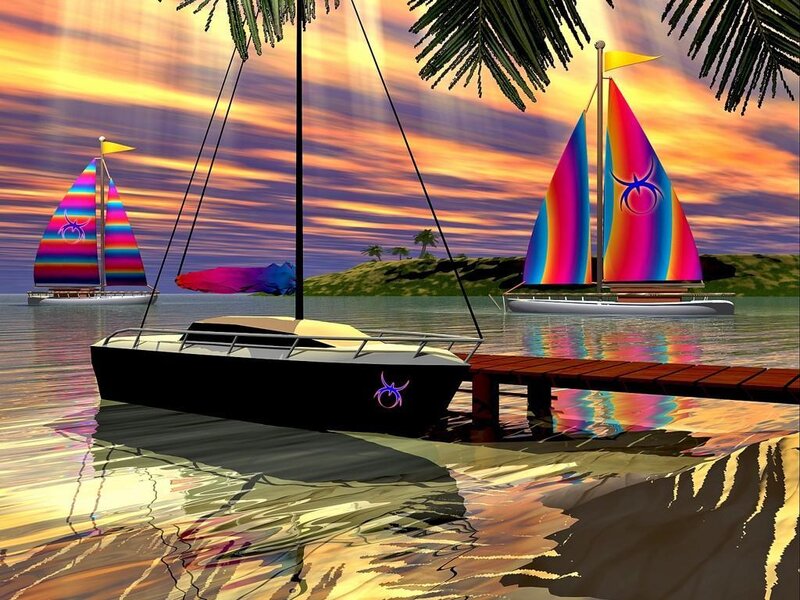 Colorful sailboats at sunset