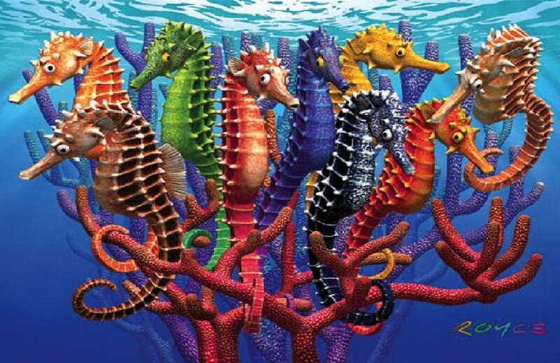 Colorful Seahorses on Coral