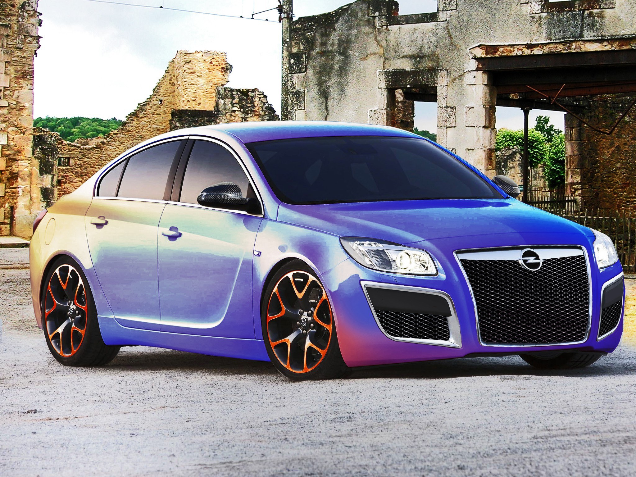 colorful sedan in ruins