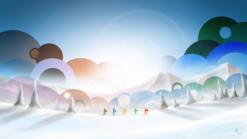 Colorful skiers in snowy landscape