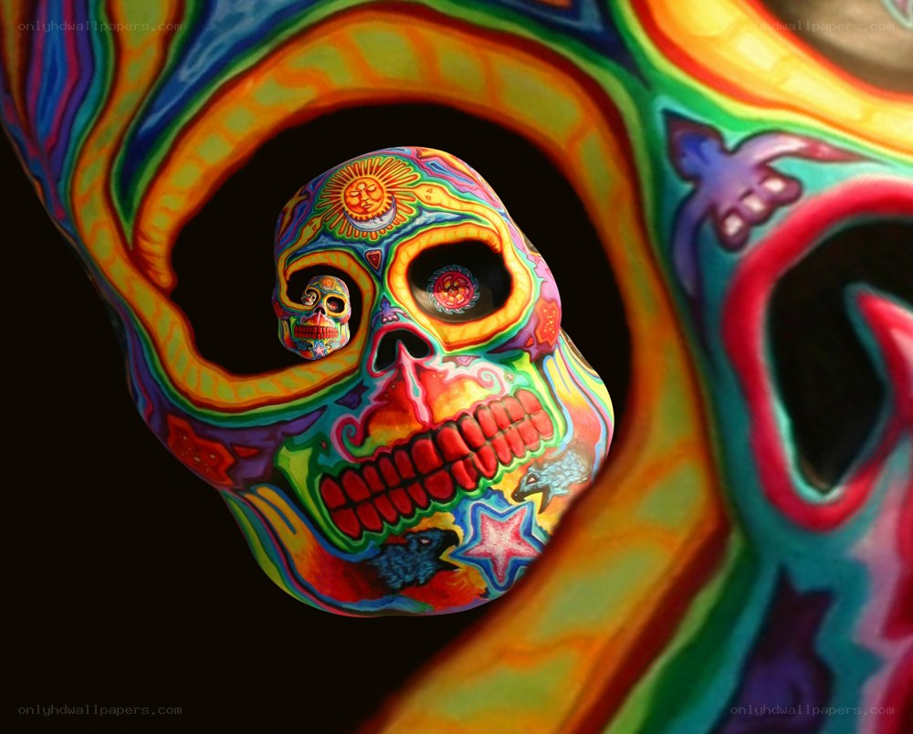 Colorful skull art with psychedelic patterns