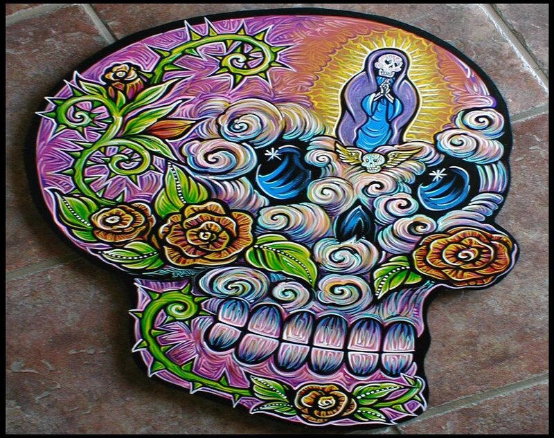 colorful skull art with religious figure