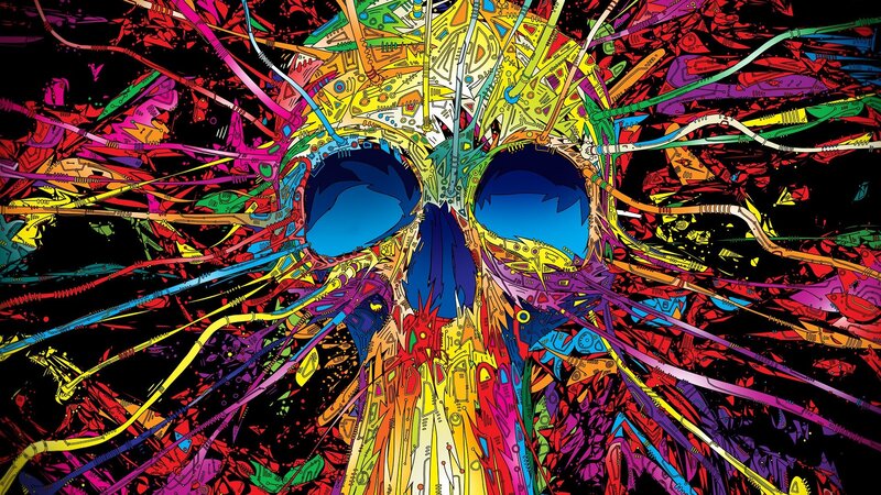 Colorful Skull Illustration — Black, Chaotic, Digital Art, Circuitry, Wires, Blue