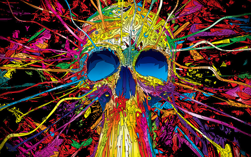 Colorful Skull Illustration — Black, Chaotic, Digital Art, Circuitry, Wires