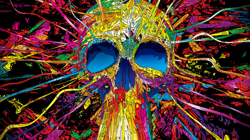 Colorful Skull Illustration — Black, Chaotic, Digital Art