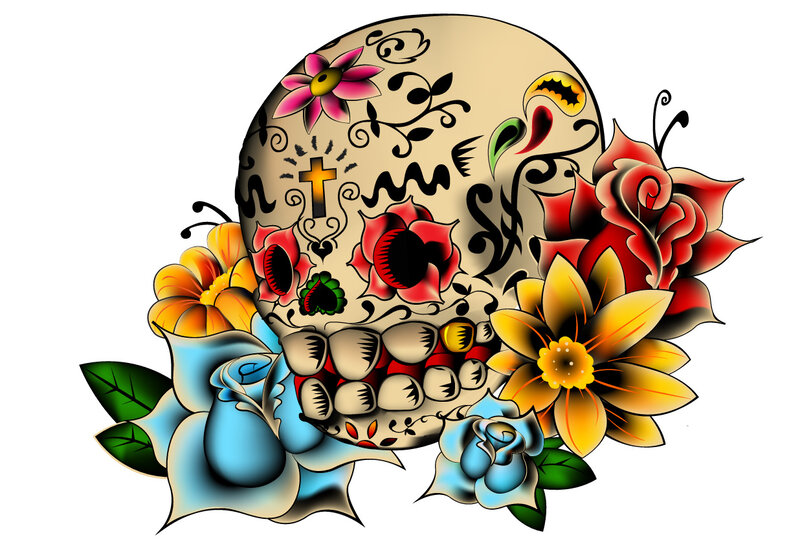 Colorful Skull with Flowers — Red