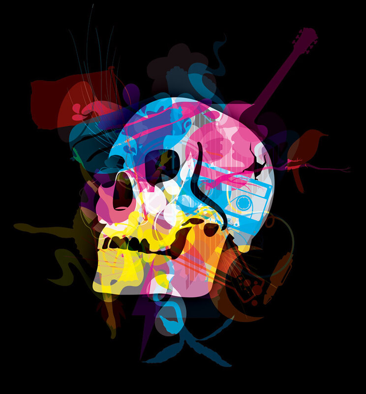 colorful skull with music elements