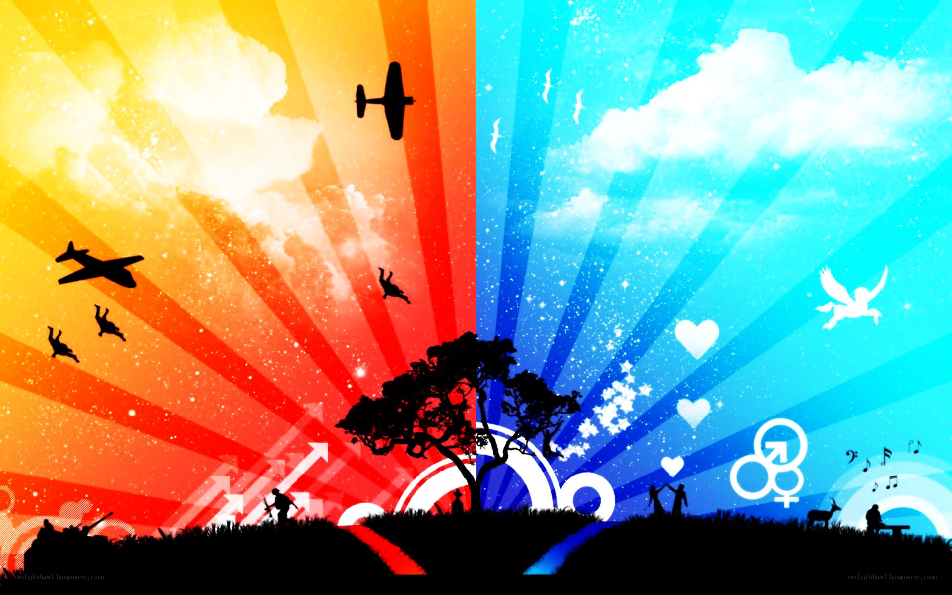 Colorful sky with silhouettes