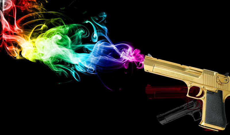 Colorful smoke from a golden gun