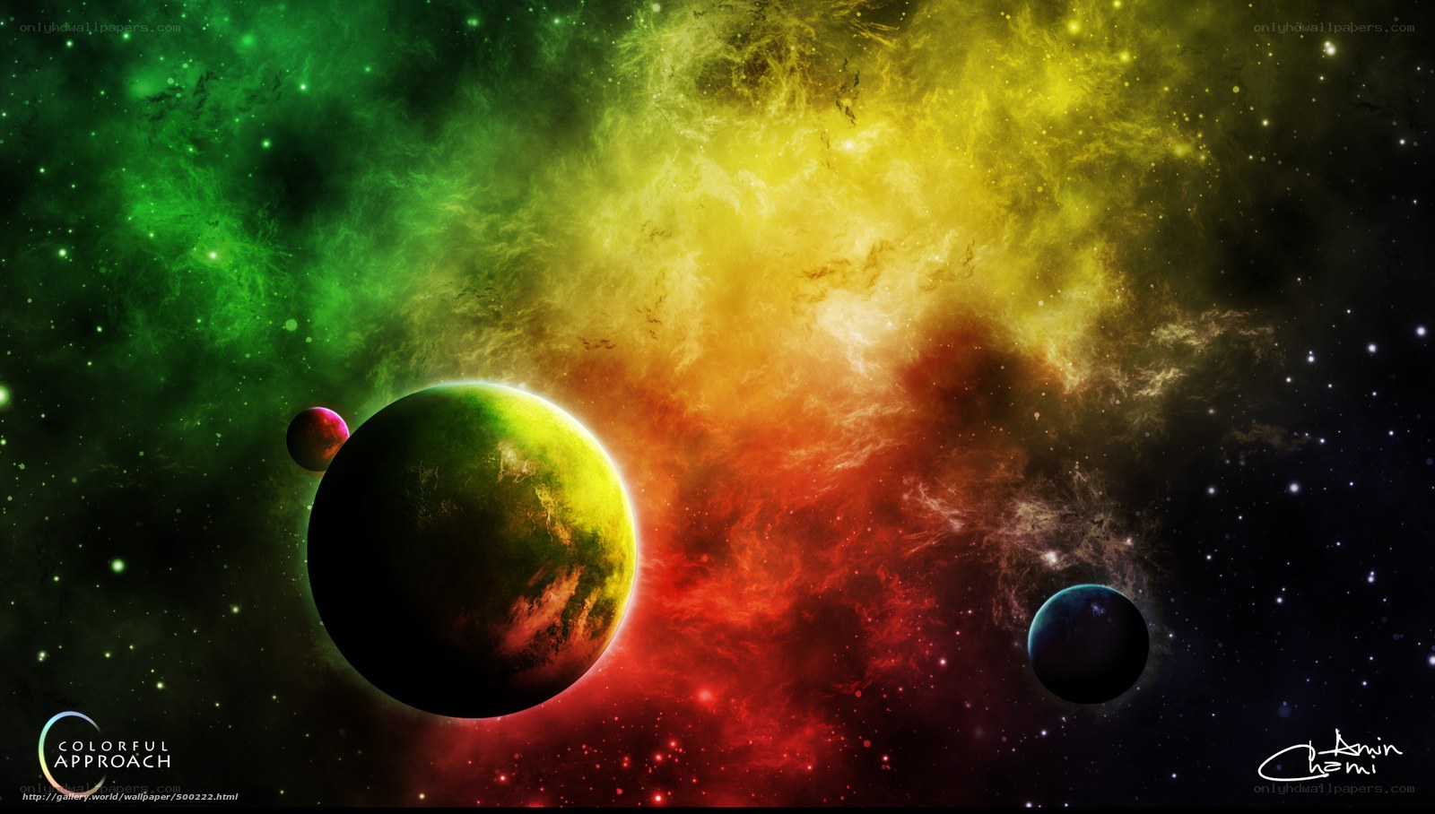 Colorful space nebula with planets