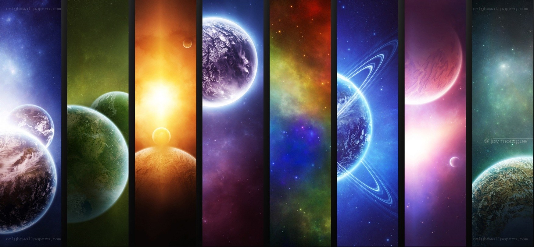 Colorful space planets collage
