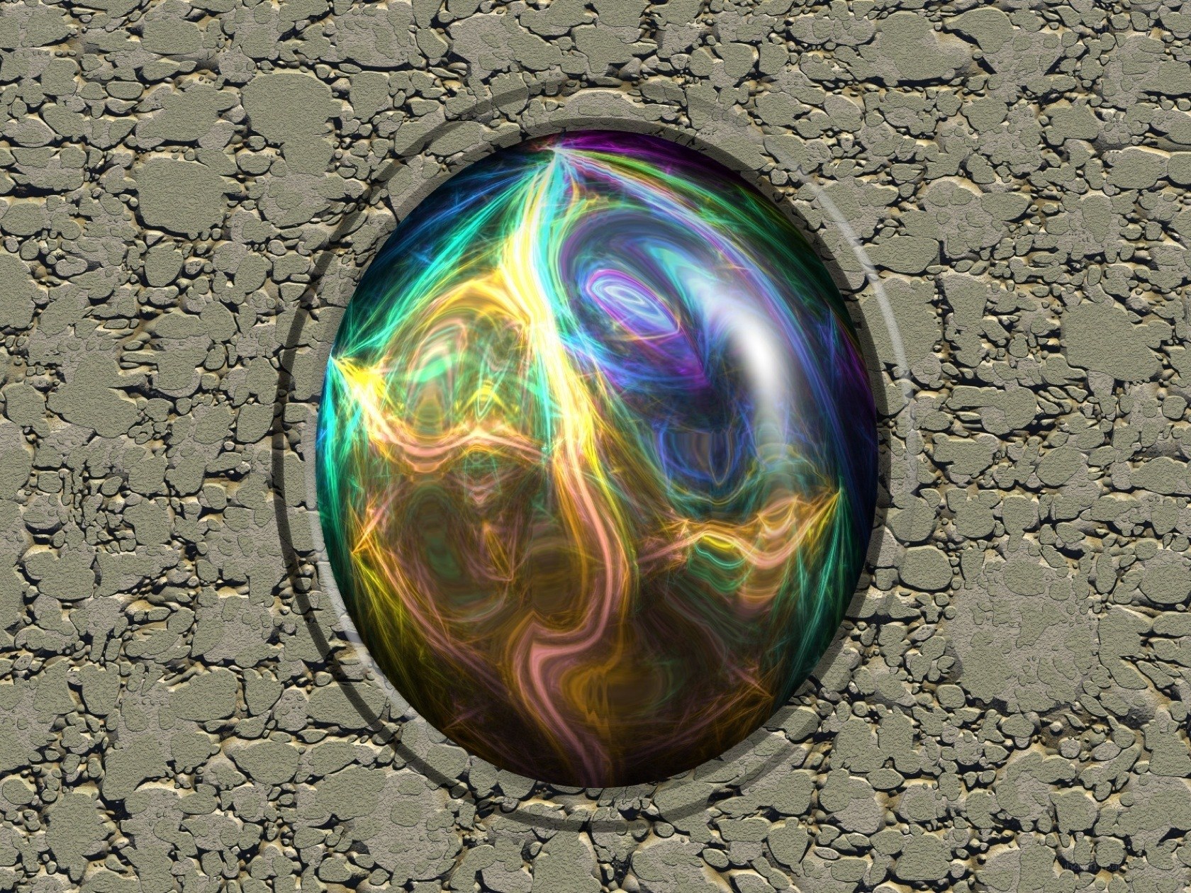 colorful sphere in cracked wall