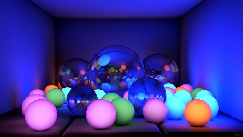 Colorful spheres in a blue room