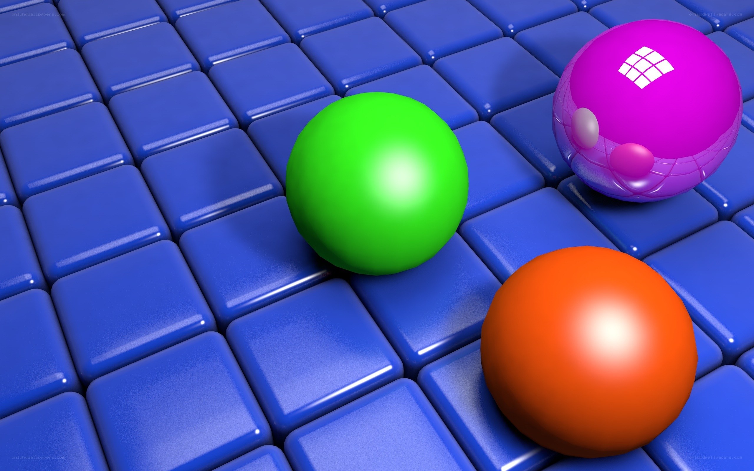 Colorful spheres on blue tiles