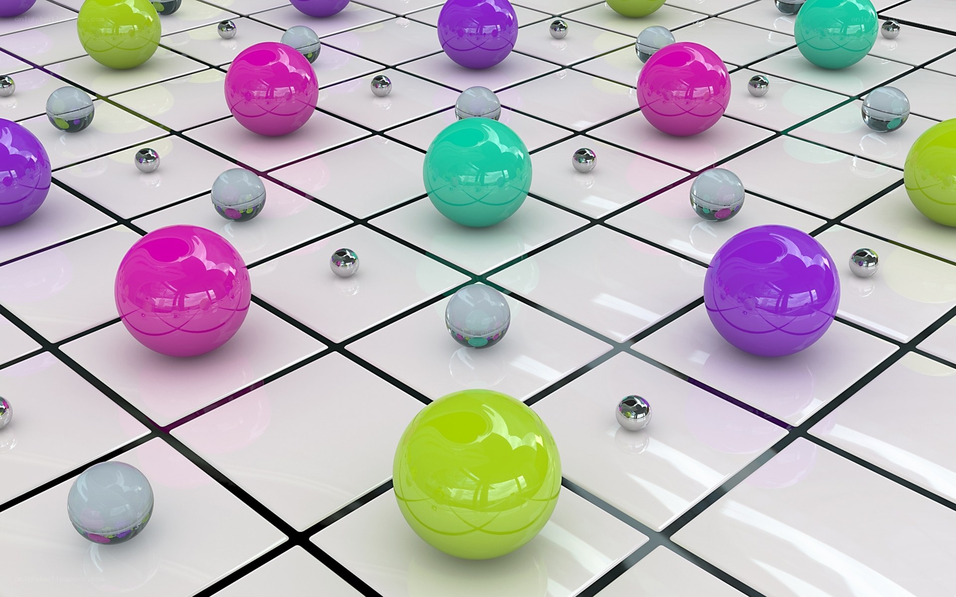Colorful spheres on tiled floor