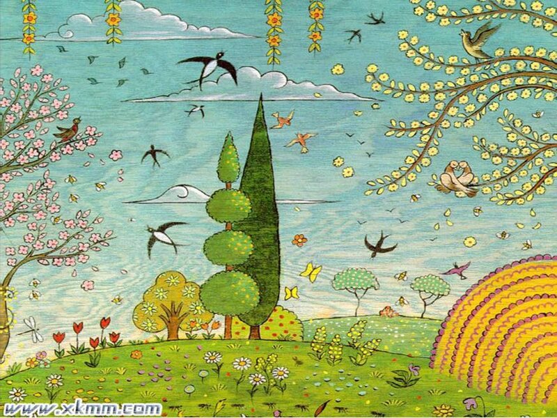Colorful spring landscape with birds