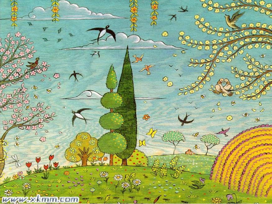 Colorful spring landscape with birds