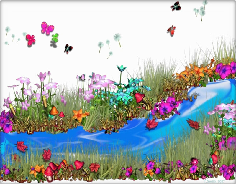 Colorful stream with flowers and butterflies