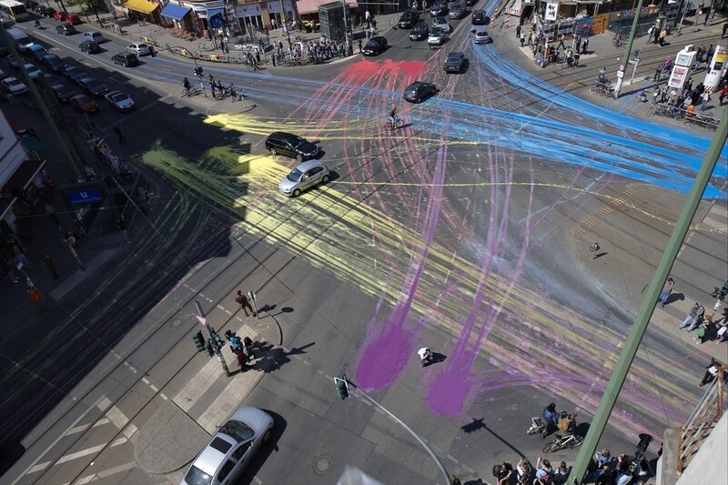 Colorful street art at intersection