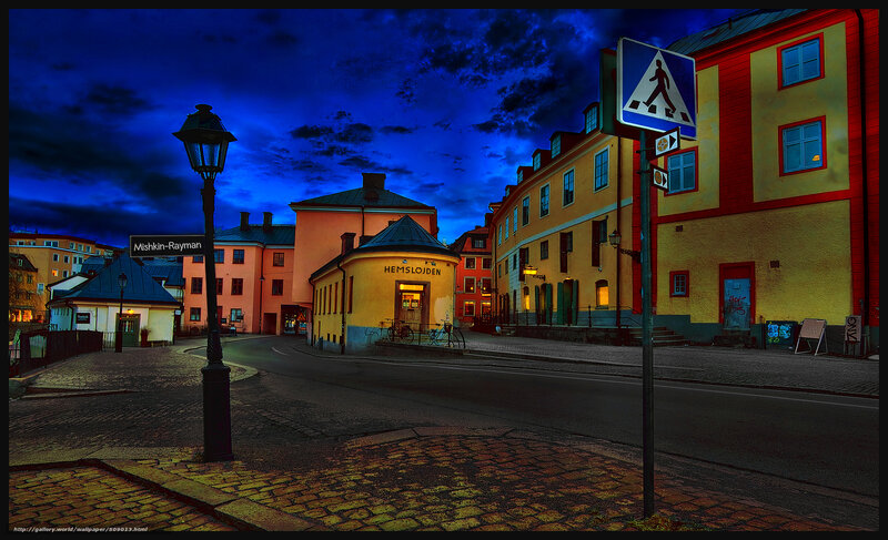 Colorful street at dusk in Stockholm