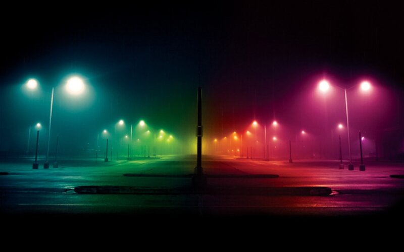 Colorful Streetlights at Night — Green, Dramatic, Photograph