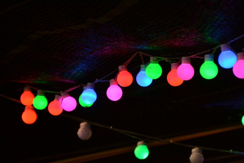 Colorful String Lights — Red, Festive, Night, Photograph, Ceiling
