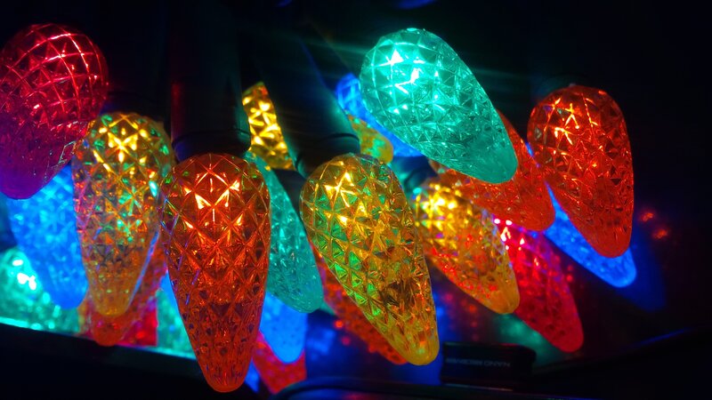 Colorful String Lights — Red, Festive, Night, Photograph, Cords