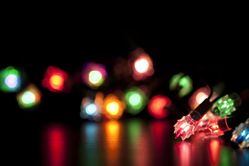 Colorful String Lights — Red, Festive, Night, Photograph, Reflection