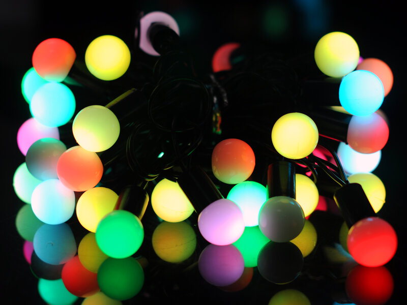 Colorful String Lights — Red, Festive, Night, Photograph, Wires