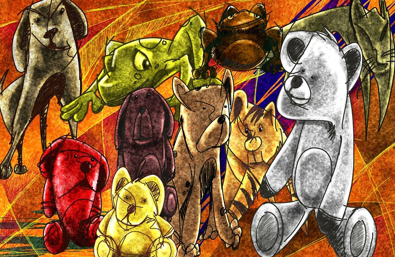 colorful stuffed animal collage